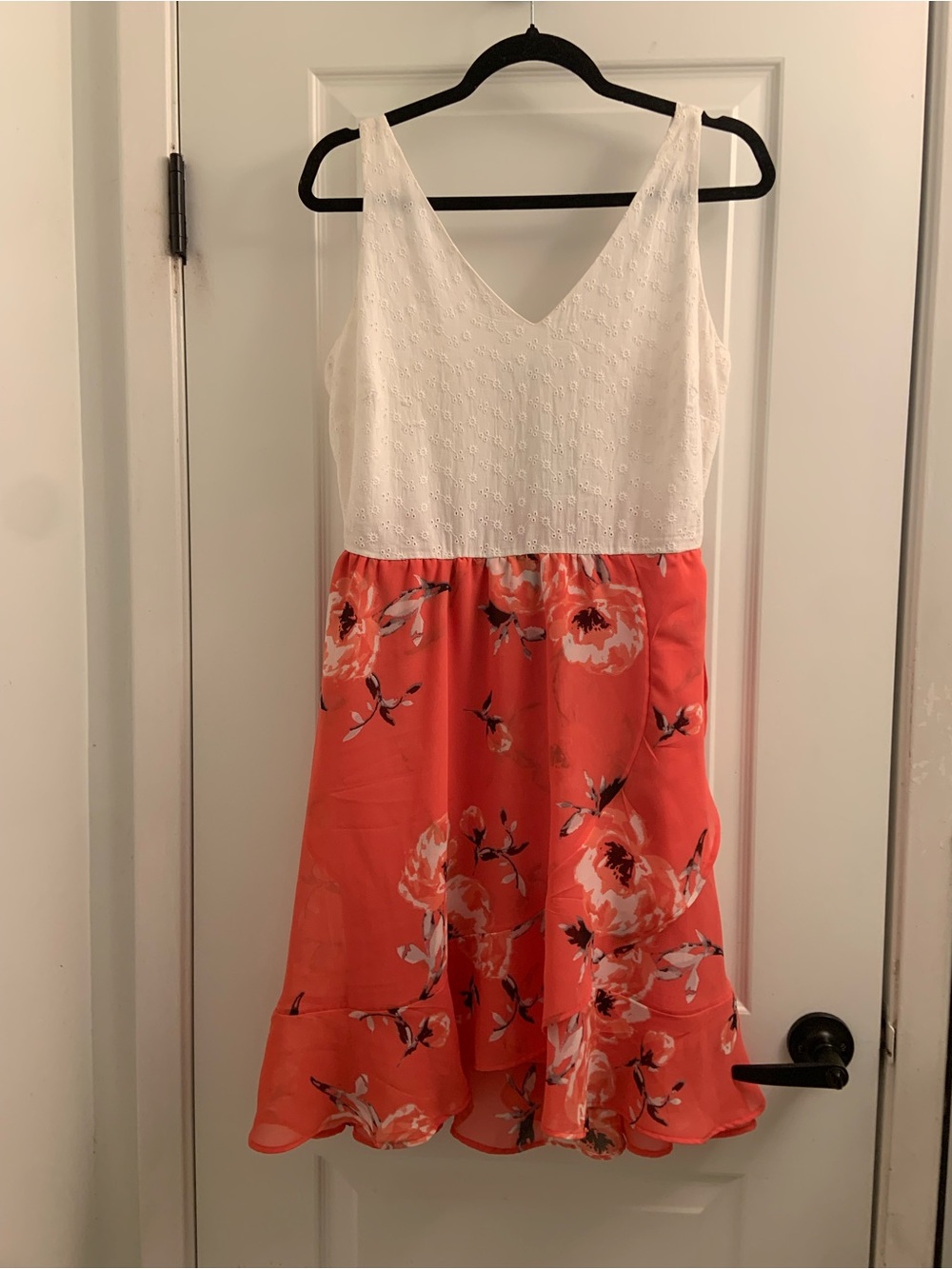 Ricki's White Eyelet Top Coral Floral Ruffle-Hem Mini Dress